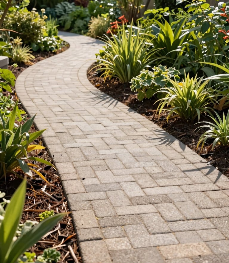 Bright outdoor photography of a pristine newly laid paver walkway winding through a lush, freshly mulched garden bed under warm afternoon sunlight, sharp focus, 35mm