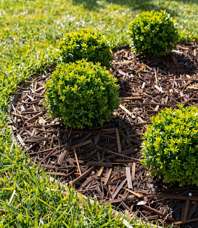 Bright outdoor photography of a perfectly manicured lawn and garden beds with fresh dark brown mulch, vibrant green shrubs, warm afternoon sunlight, sharp focus.