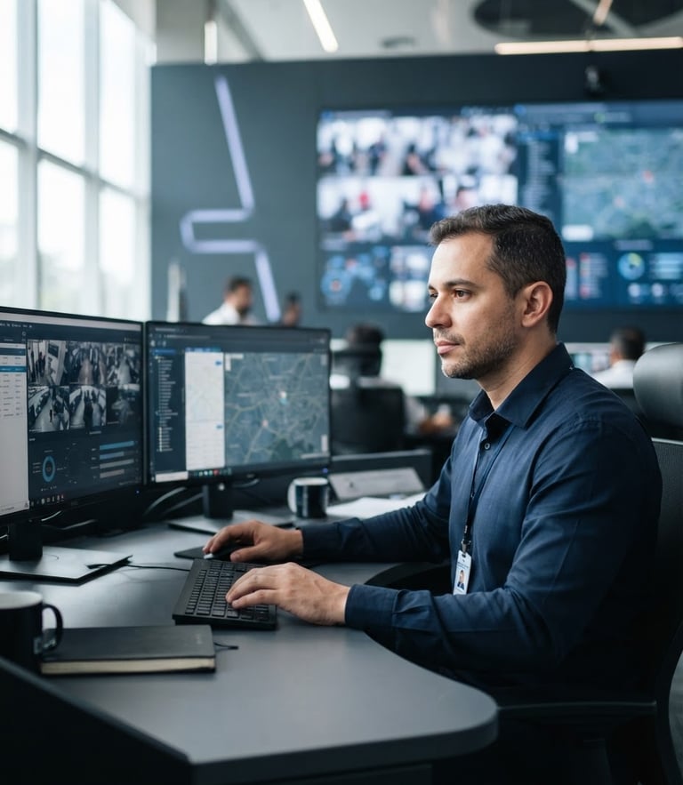 Medium close-up of a professional security operations manager in a clean, modern Brazilian control center, cool blue tones, soft natural lighting.