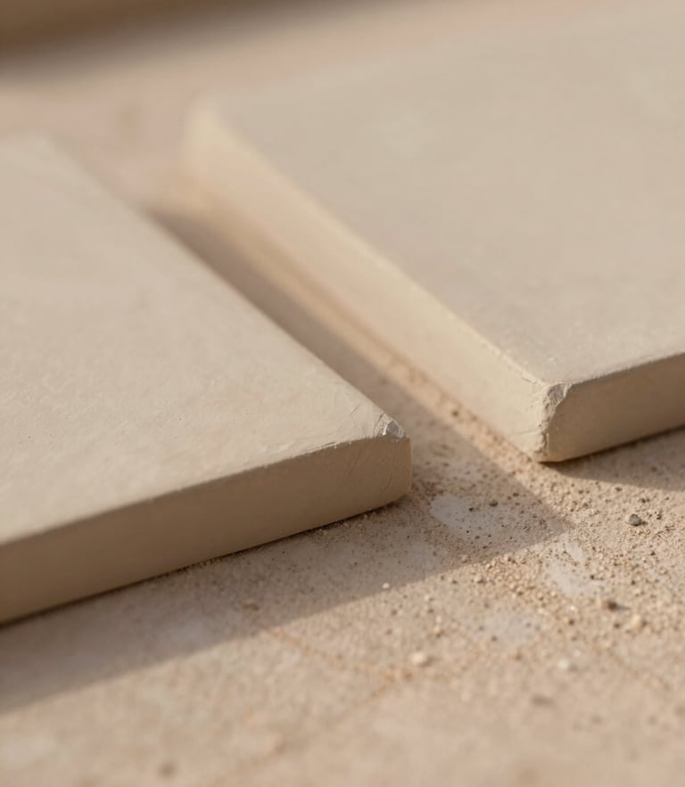 Macro shot of hand-pressed raw clay tile edges drying in soft Arizona morning light, warm editorial photography, 35mm