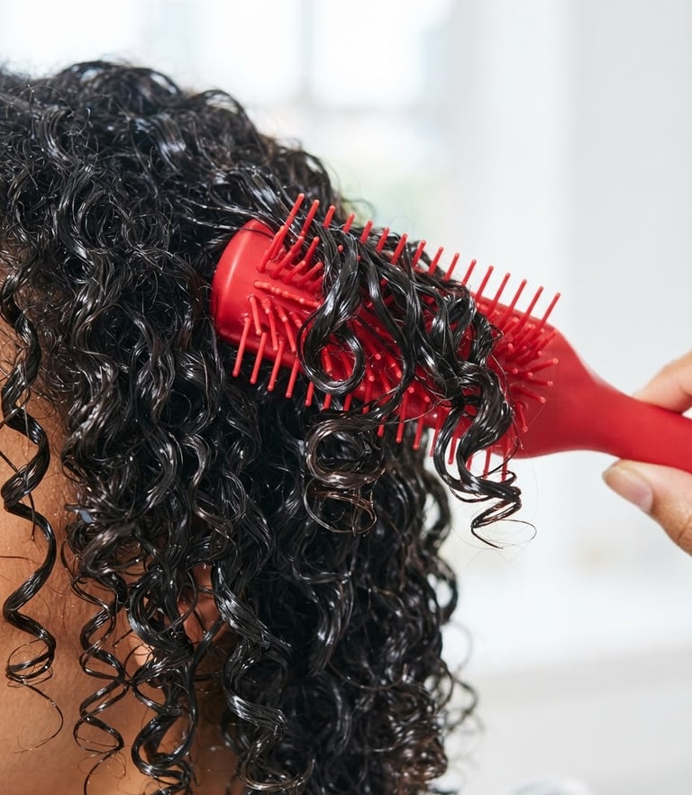Macro close-up of wet, product-coated coily hair being styled with a vibrant red curl brush, clean studio lighting, sharp focus on defined curl clumps.