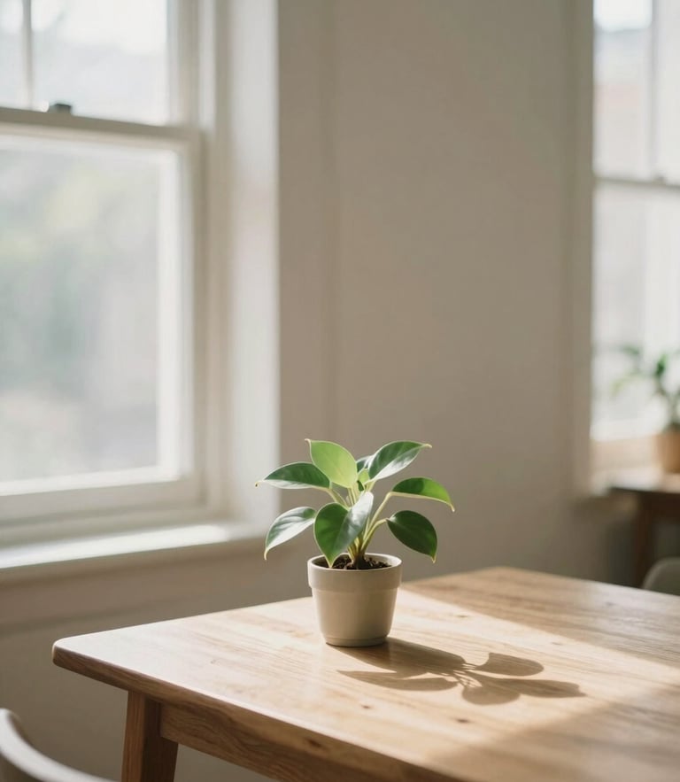 A quiet, sunlit room with large windows, a single healthy green plant on a wooden table, soft diffused natural daylight, calming sage and beige tones, shallow depth of field, 35mm