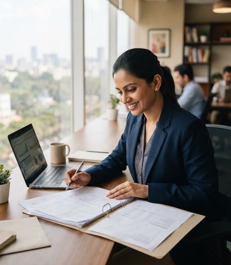 A professional Chartered Accountant in a bright Bengaluru office, natural daylight, deep navy tones, shallow depth of field, 35mm