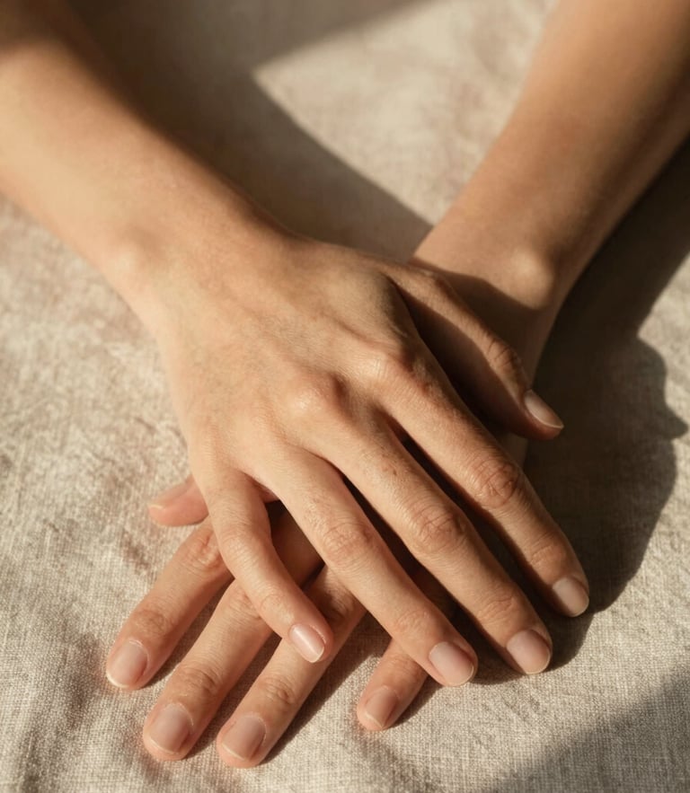Detail of hands resting gently on a textured linen fabric, warm afternoon light creating soft shadows, intimate and calm atmosphere