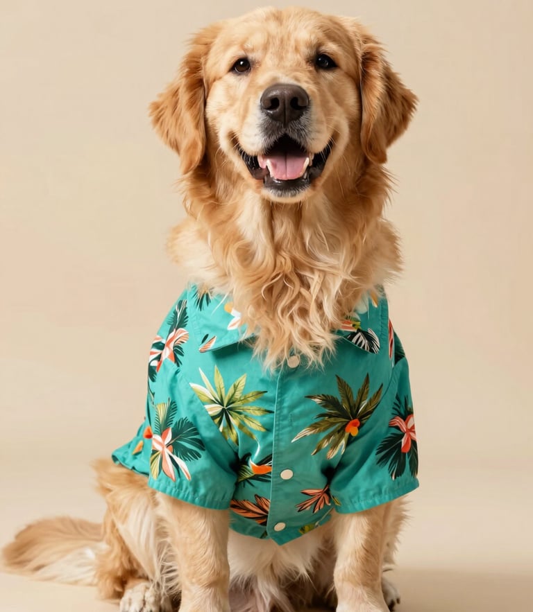 A happy fluffy golden retriever wearing a vibrant teal tropical pet shirt, sitting proudly in warm natural daylight, crisp focus studio photography