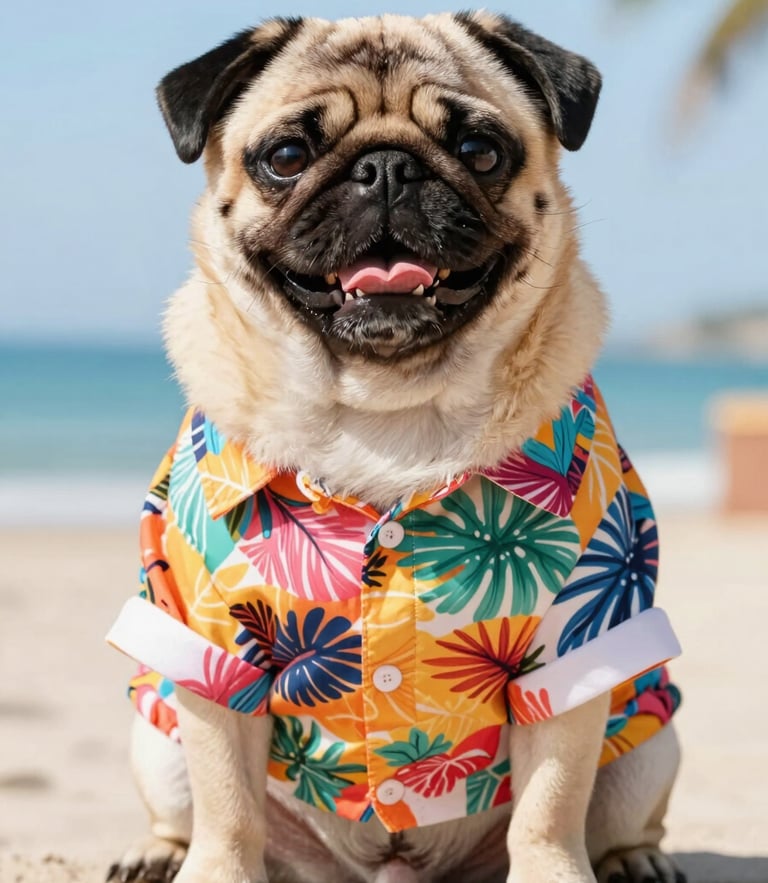 A joyful pug wearing a colorful tropical shirt sitting in bright daylight, vibrant studio photography, shallow depth of field