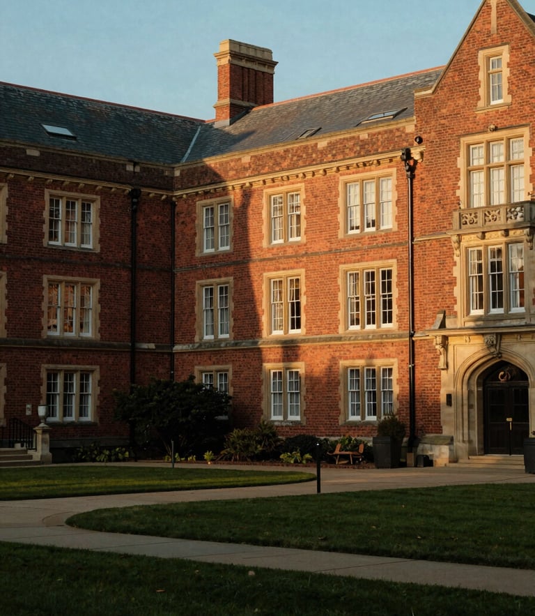Warm editorial photography of a prestigious boarding school courtyard at golden hour, historic brick architecture, soft natural light, 35mm
