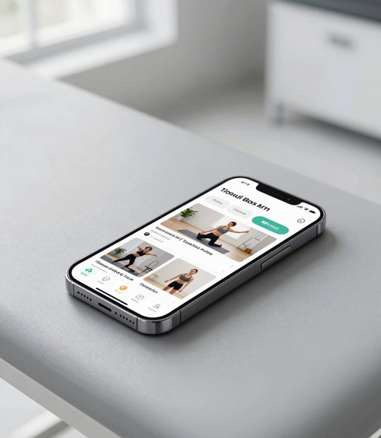 Modern smartphone lying on a clean slate-gray treatment table in a bright physiotherapy clinic, displaying a custom-branded app interface with training videos, natural window light.