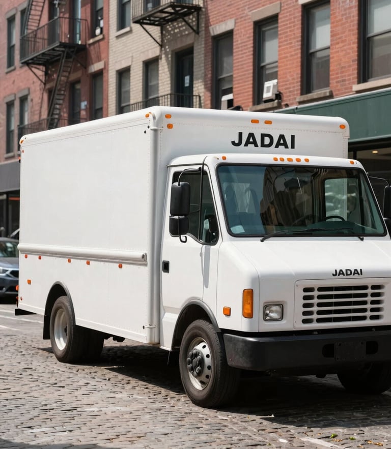 Crisp documentary photo of a clean Jadai Moving truck parked on a cobblestone Brooklyn street, bright natural daylight, clean urban NYC setting.