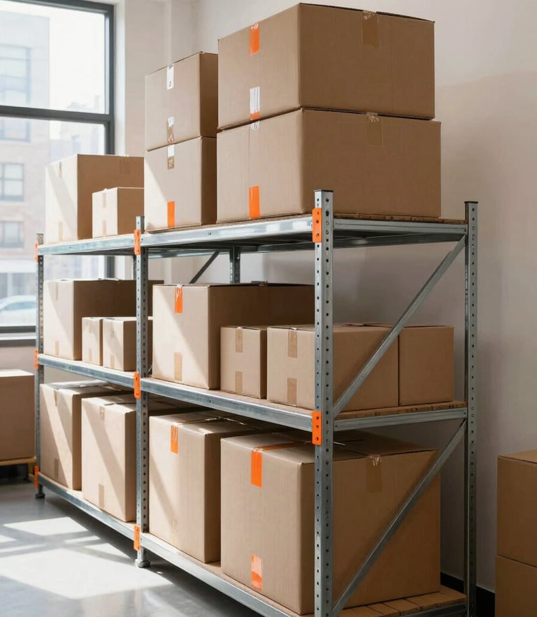 Crisp documentary photography of a clean, brightly lit modern storage facility in New York, organized cardboard boxes neatly stacked on metal shelves, safety-orange accents, natural daylight streaming from high windows, sharp focus.