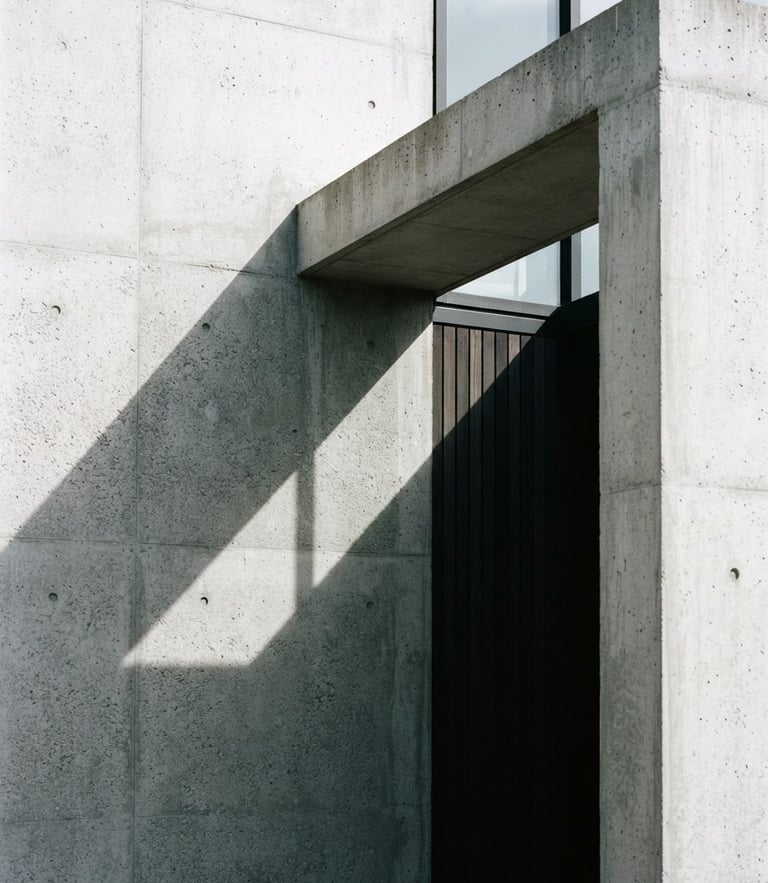 Architectural detail of a minimalist concrete pavilion with sharp geometric shadows and soft daylight, 35mm photography