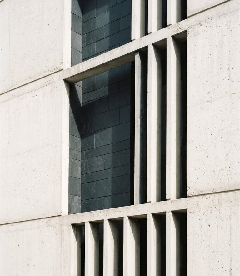 Architectural close-up of a modern concrete facade with sharp geometric shadow-play, soft north-facing daylight, high contrast slate and white tones, 35mm