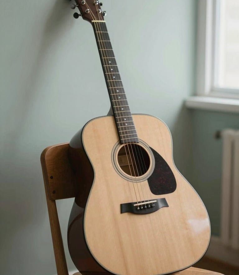 A solitary acoustic guitar resting against a warm wooden chair in a sun-drenched, quiet music studio, soft morning light, shallow depth of field, 35mm