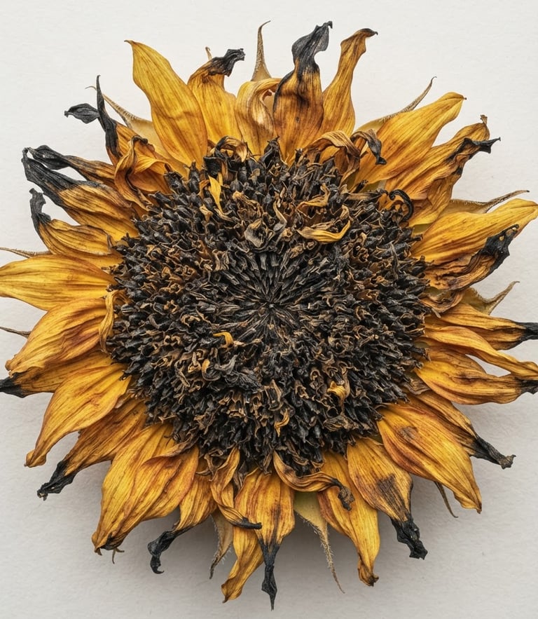 Close-up of a sunflower in various stages of decay, rich golden and deep charcoal tones, soft diffused daylight, high-resolution archival detail, flat-lay reproduction.
