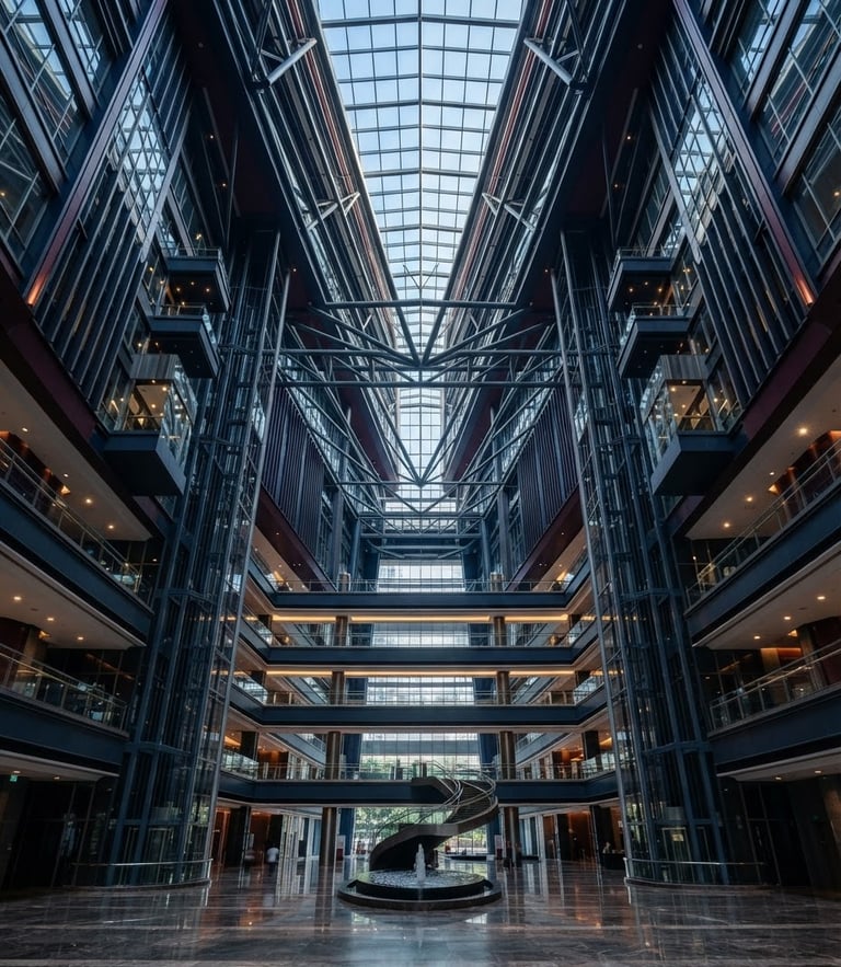Symmetrical architectural low-angle shot of a modern corporate skyscraper atrium in Kuala Lumpur, crisp morning daylight, deep navy tones, premium architectural photography, sharp focus, Hasselblad medium format.