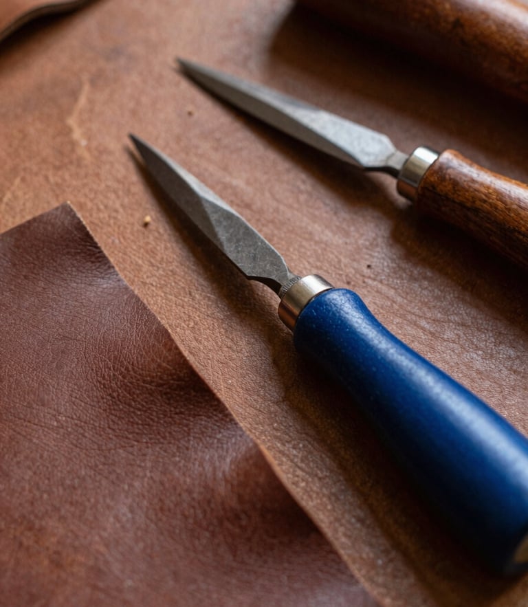 Close-up of traditional leather cutting and stitching tools in the Trujillo workshop, warm natural side-lighting emphasizing leather grain and authentic textures, shallow depth of field, 35mm