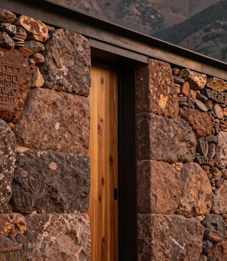 Close-up of ancient Inca stone masonry integrated with modern dark steel and eucalyptus wood, warm ambient light, high-end architectural detail.
