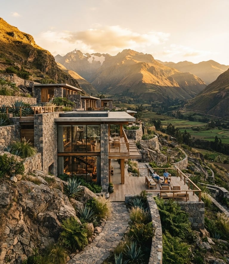 Wide angle architectural shot of a modern minimalist stone villa in the Sacred Valley, integrated into the mountain landscape, warm golden-hour light