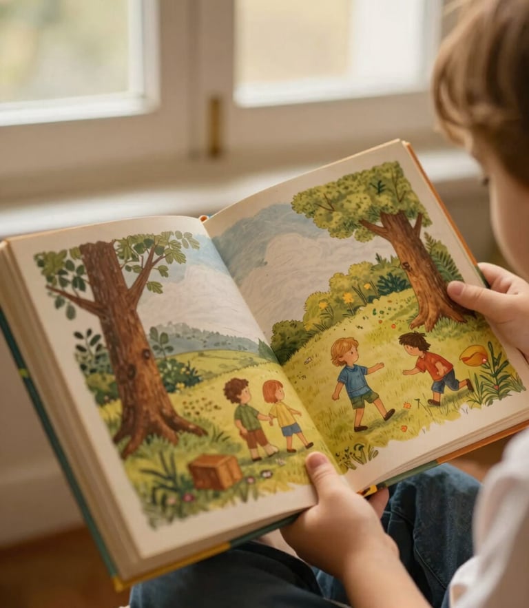 Warm editorial photography of a child's hands holding open a beautifully illustrated children's book, showing textured paper pages, soft diffused indoor lighting, 35mm.