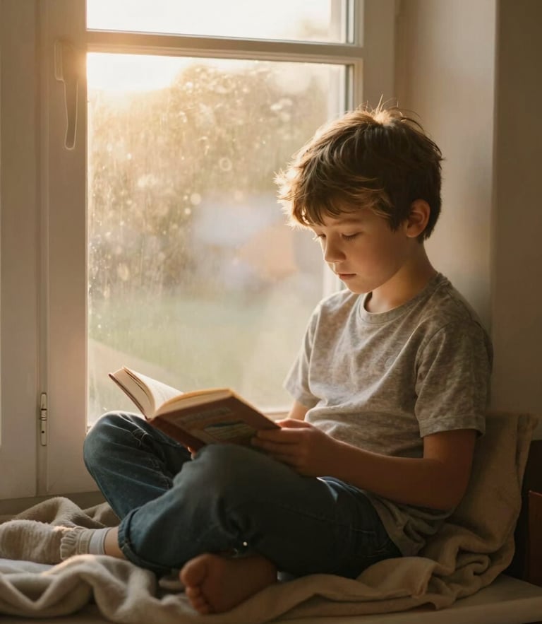 Warm editorial photography of a young boy reading peacefully on a window seat, cozy blankets, soft golden-hour light, shallow depth of field, 35mm.