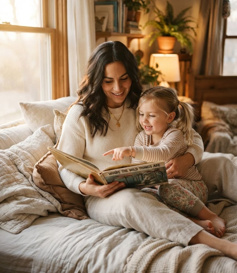 Warm editorial photography of a mother and young child reading a physical book together in a cozy bedroom, soft golden-hour window light, rich nostalgic tones, shallow depth of field, 35mm.