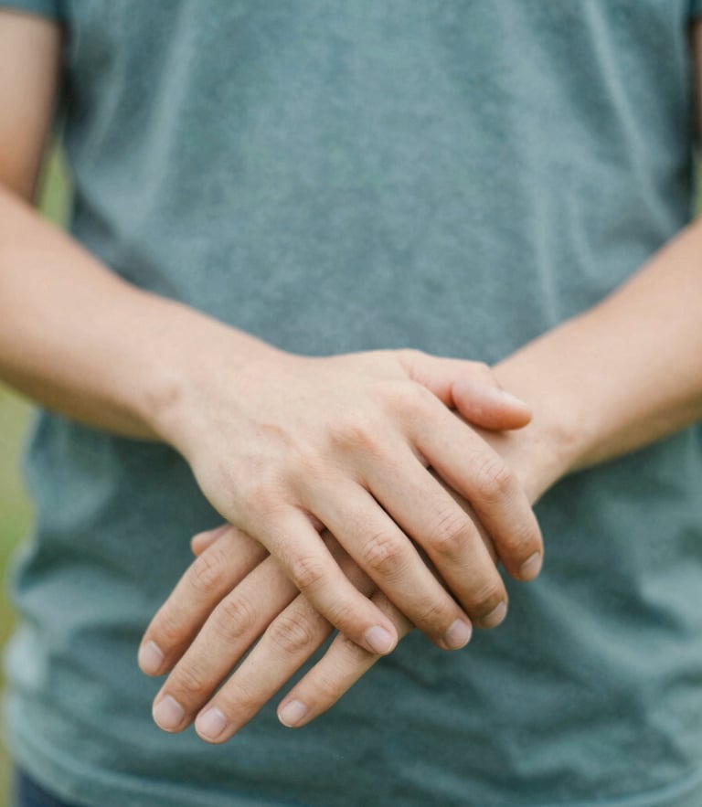 Close-up of two hands clasped together in support, soft natural daylight, warm green and blue tones, authentic editorial style