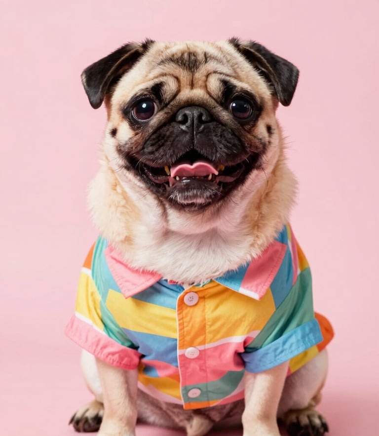 A joyful pug wearing a colorful, vibrant handmade summer shirt looking directly at the camera, bright studio lighting, pink background, high-key focus