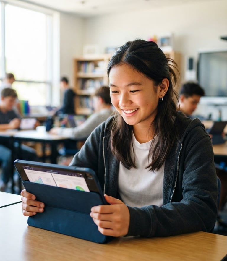 A smiling teenage student with subtle screen glow on her face, holding a tablet, bright natural light, modern tech-ed mood, 35mm