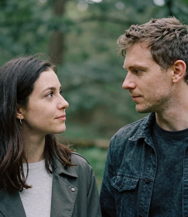 A quiet environmental portrait of two partners in deep conversation, soft overcast British daylight, natural skin tones, muted forest green background