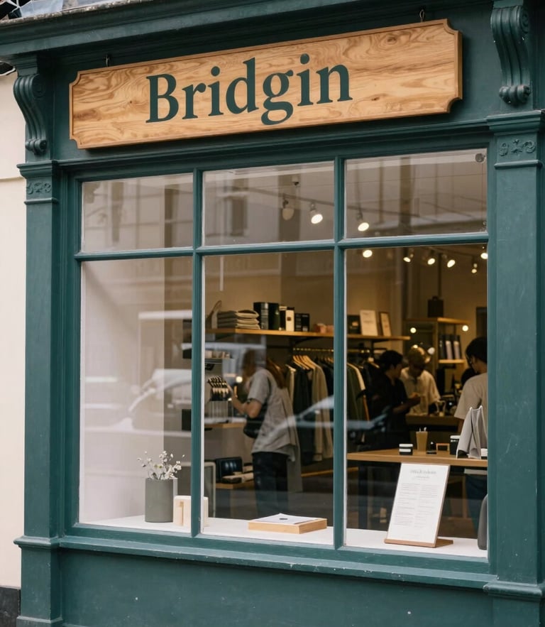 Authentic shot of an independent retail storefront in Bridgend, wooden signage, soft overcast daylight reflecting on the glass window.