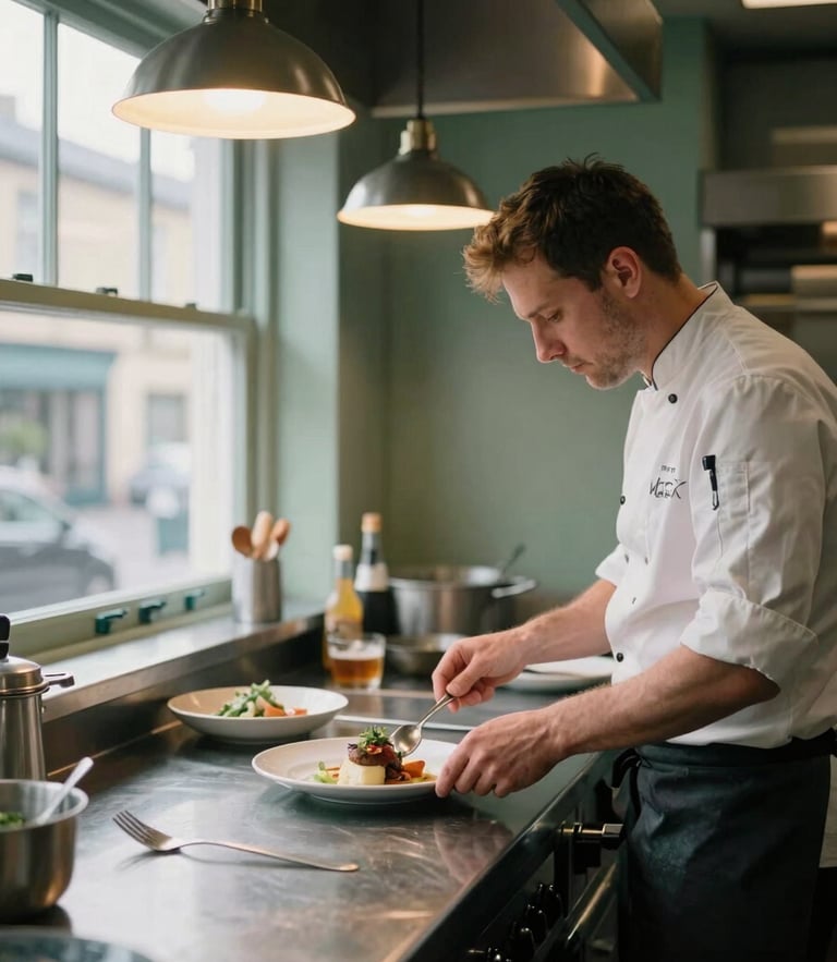 Candid medium-close shot of a busy restaurant kitchen in Wales, chef plating a dish under warm pendant lighting, soft natural window light contrasting from the side.