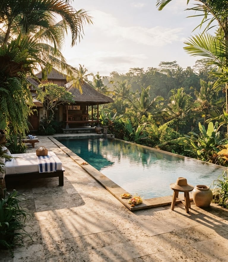 Warm morning light over a quiet Balinese villa pool, palm leaves casting soft shadows on clean stone tiles, wide environmental framing, 35mm