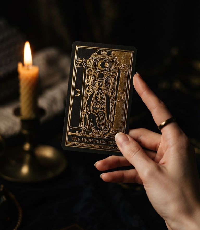 Macro close-up of elegant hands holding a single gold-embossed tarot card, warm candlelight, deep black and gold tones, 35mm