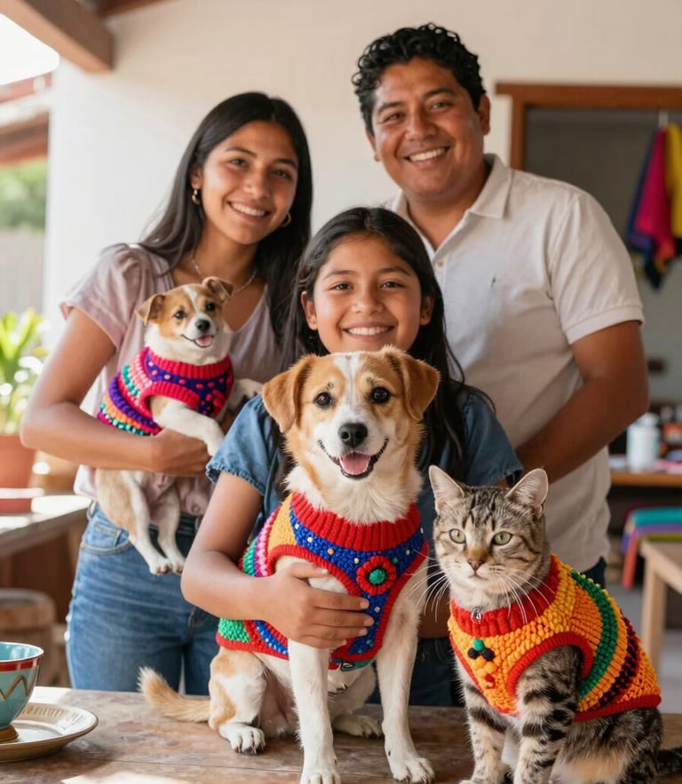 Vibrant editorial photography of a happy Mexican family in their bright Celaya workshop, holding a playful dog and a calm cat wearing colorful handcrafted sweaters, warm natural daylight, soft depth of field.