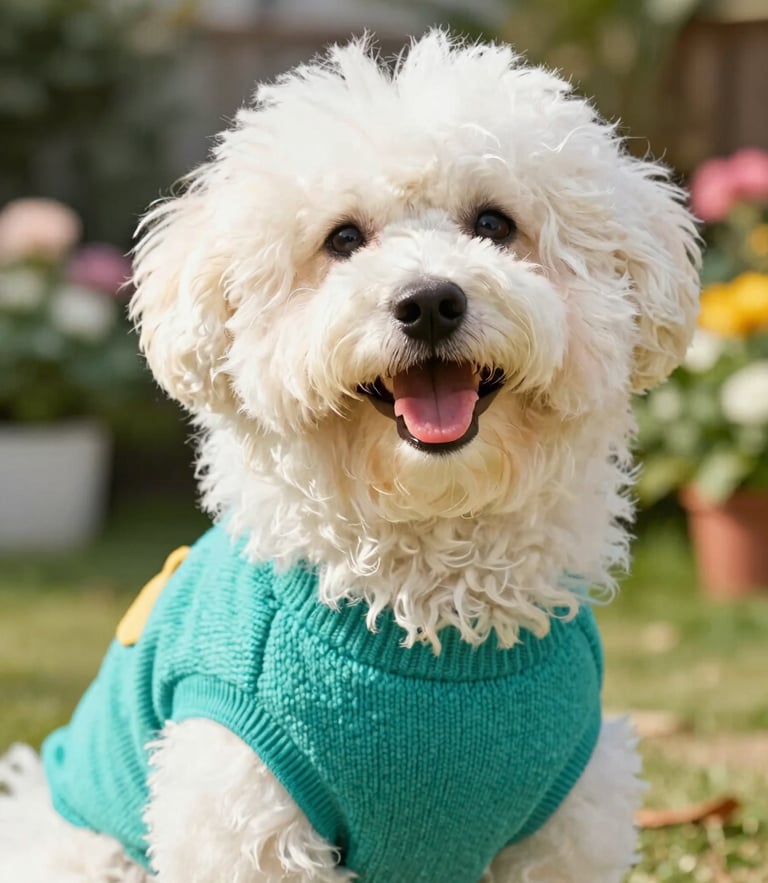 Eye-level portrait of a happy fluffy dog wearing a colorful teal handcrafted sweater, bright natural daylight, cheerful garden background.