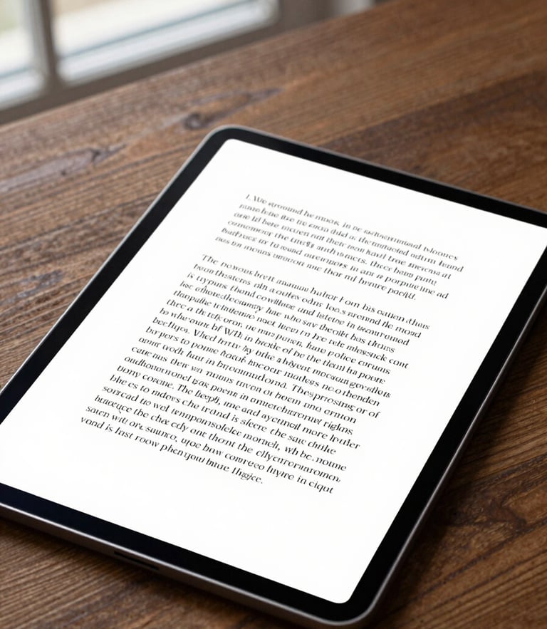 Elegant editorial photography, close-up of an open digital tablet showing beautifully typeset serif text on a wooden study desk, soft natural window light, warm bronze tones.