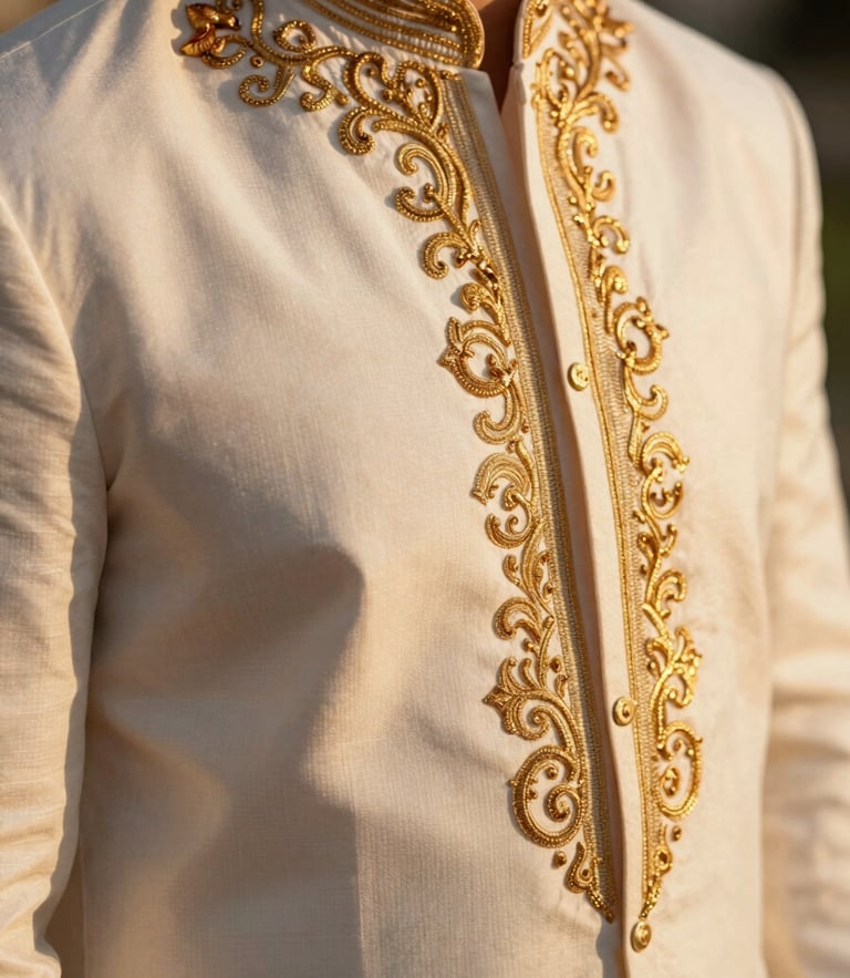 Close-up of intricate gold embroidery on a premium white men's wedding tunic, warm golden-hour sunlight, rich terracotta shadows, shallow depth of field, 35mm