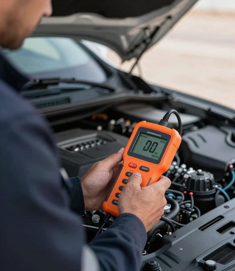 Close-up of a professional technician in a neat uniform using a digital battery tester under a car hood, crisp LED work light, sharp focus