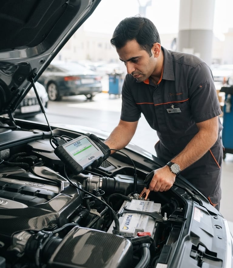 A professional technician in a clean uniform using digital diagnostic equipment on a car battery under the open hood of a luxury car, bright Dubai daylight, sharp focus