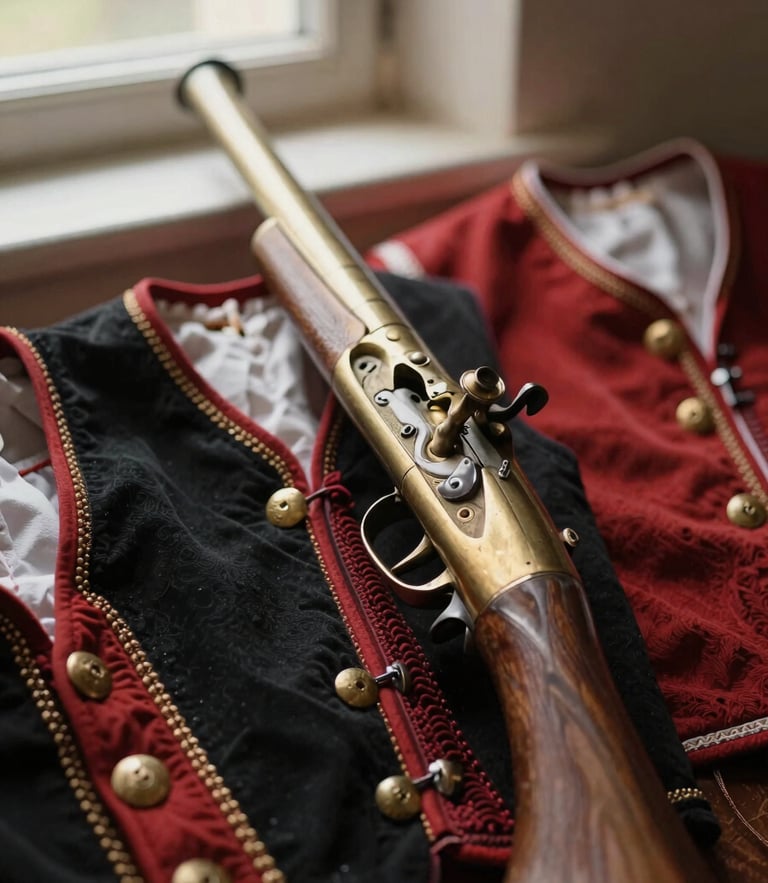 Warm documentary photography, close-up of a polished brass blunderbuss resting on traditional red and black trabucaire vests, soft natural window light, rich earthy tones, shallow depth of field.