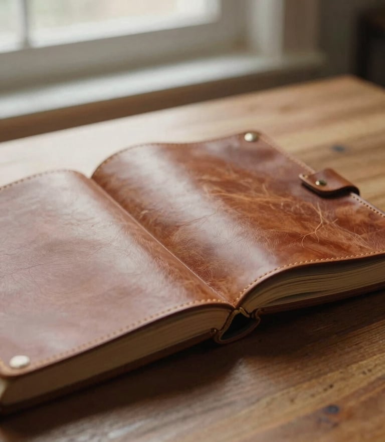 Warm documentary photography of a leather-bound archive book open on a wooden table, soft natural window light casting rich earthy tones, 35mm