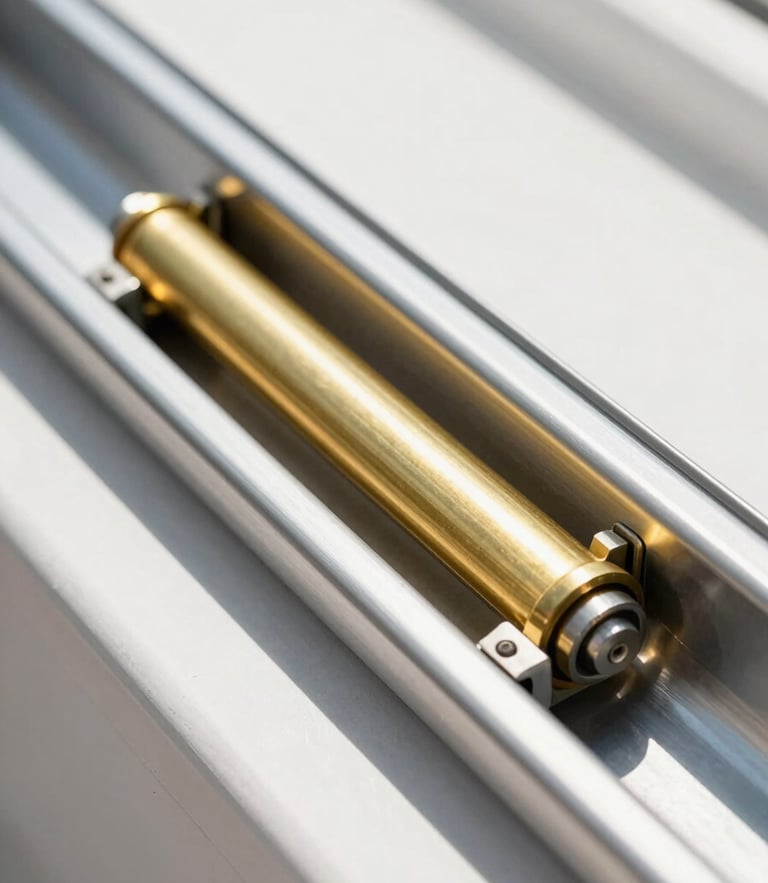 Close-up of a clean stainless steel sliding door track with a newly installed heavy-duty brass roller, bright natural Florida daylight, sharp focus on mechanical details