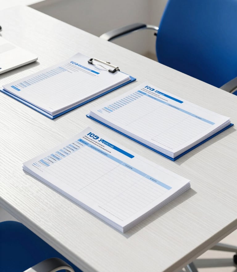 Bright sunlit modern workspace, organized planning documents on a white oak table, clean royal blue accents, high-key corporate photography, 35mm