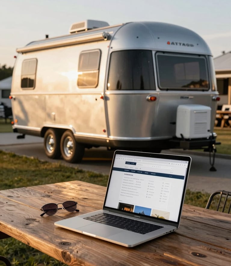 A modern Airstream trailer parked in a high-end RV resort at golden hour, a clean laptop on a rustic wooden table in the foreground showing a sleek web directory.