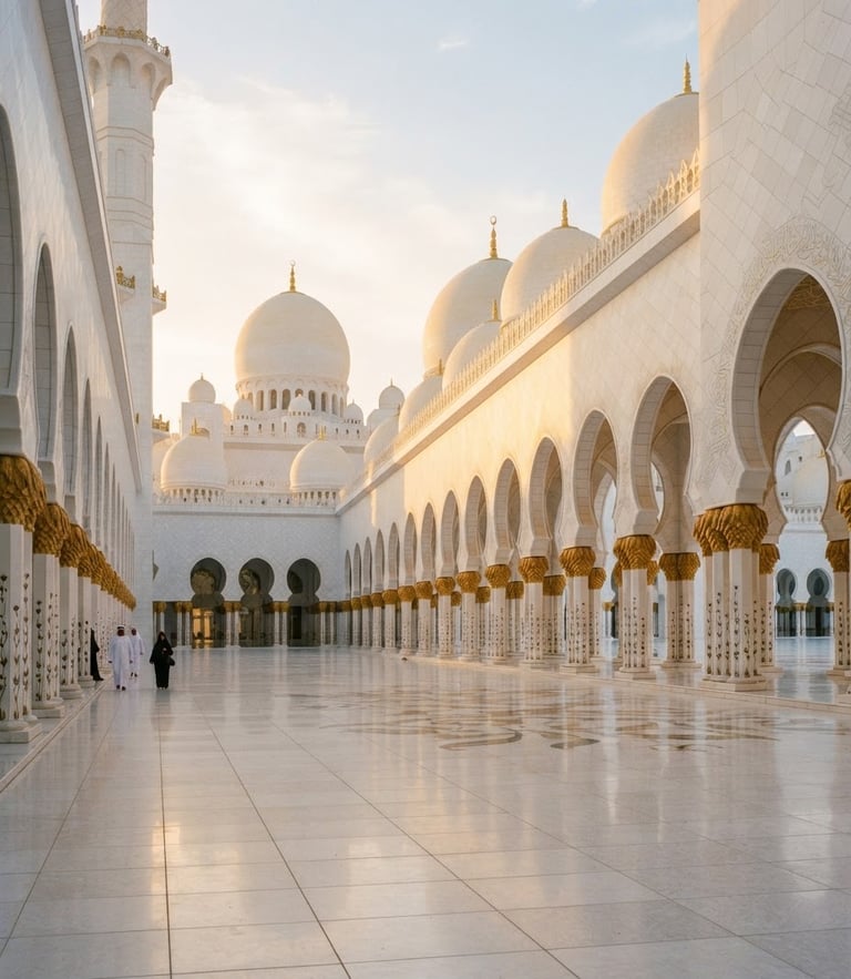 Elegant architectural photography of a sunlit marble mosque courtyard, soft golden-hour sunrise light reflecting on white stone arches, warm beige and gold tones, 35mm