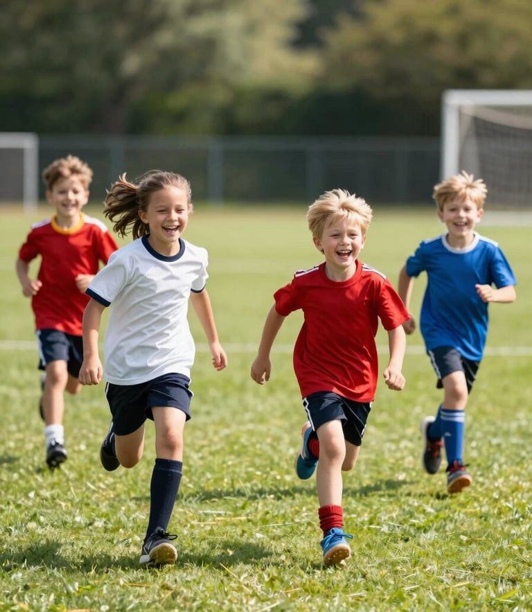 Candid eye-level shot of Dutch children laughing and running on a green sports field during a sunny day