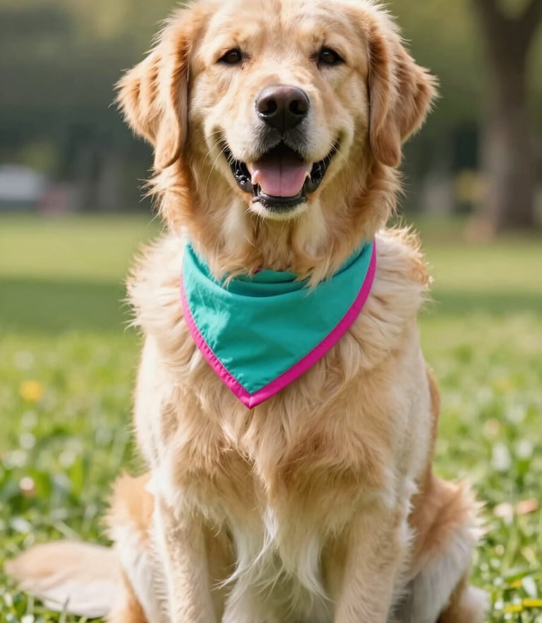 A happy golden retriever wearing a colorful handmade teal and magenta bandana, sitting in a sunny park, bright natural pet photography, warm cheerful daylight