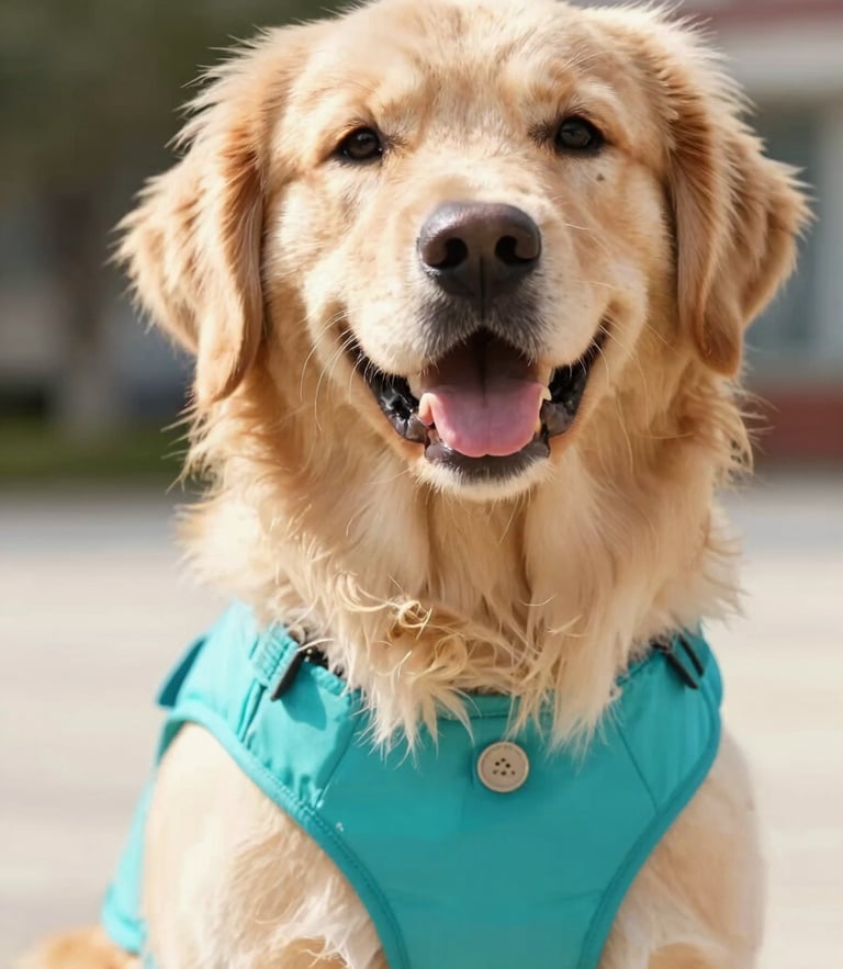 Close-up eye-level shot of a happy golden retriever wearing a vibrant teal pet vest, bright natural outdoor daylight, warm cheerful atmosphere, shallow depth of field