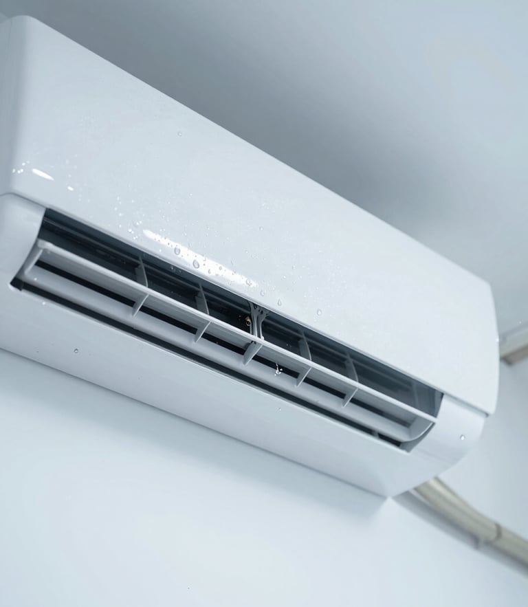 Close-up of a modern white wall-mounted air conditioning unit being serviced, clean water droplets, bright daylight, cool blue undertones, sharp focus