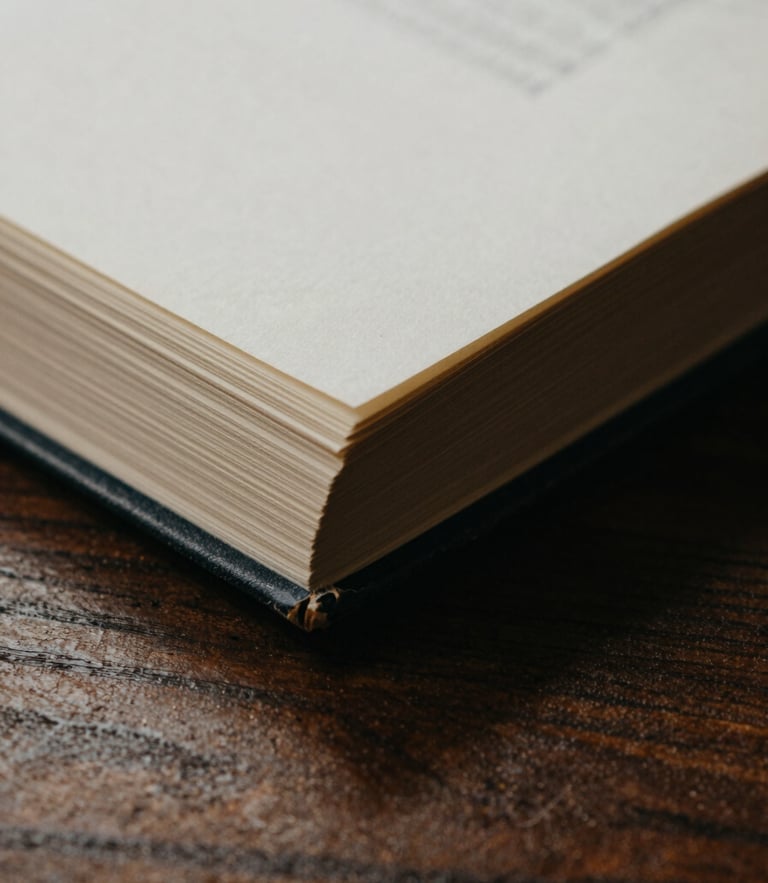 A close-up macro shot of deckled book edges and heavy paper stock resting on a dark wooden table, soft indirect daylight casting quiet shadows, warm editorial tones.
